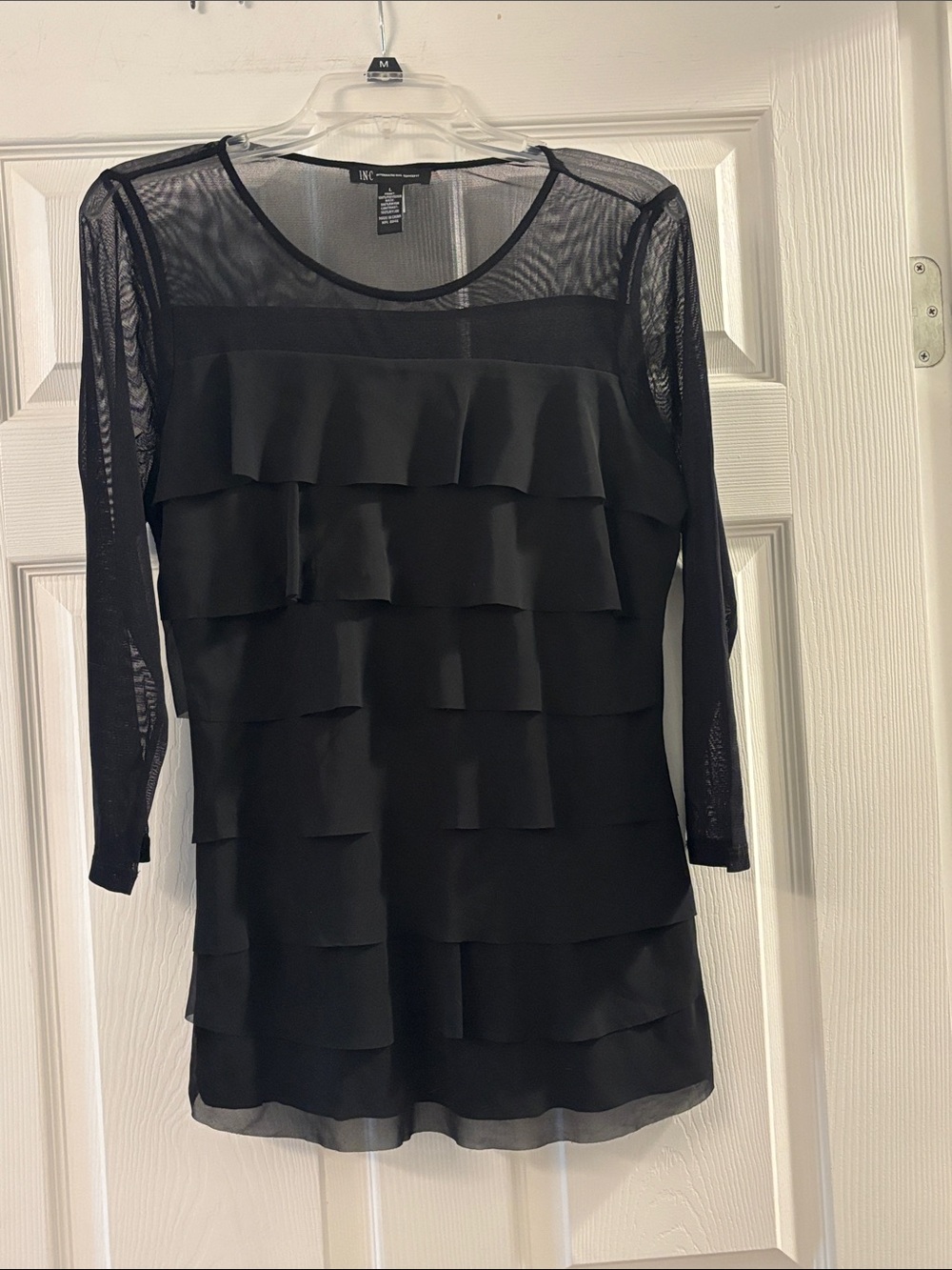 INC International Concepts Black Layered Ruffle Mesh Sleeve Top